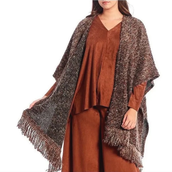 Bryn Walker Fall Poncho Wrap Open Long Fringe Bohemian Sweater Wool Shaggy Coat - Picture 3 of 8